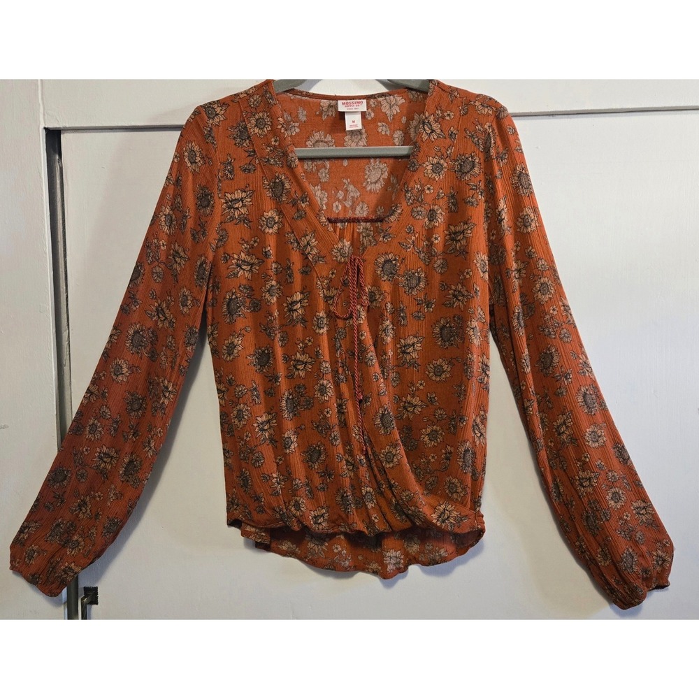 Mossimo Cottage Boho Chic Rust Orange Sunflower Long Sleeve Surplice Wrap Top M